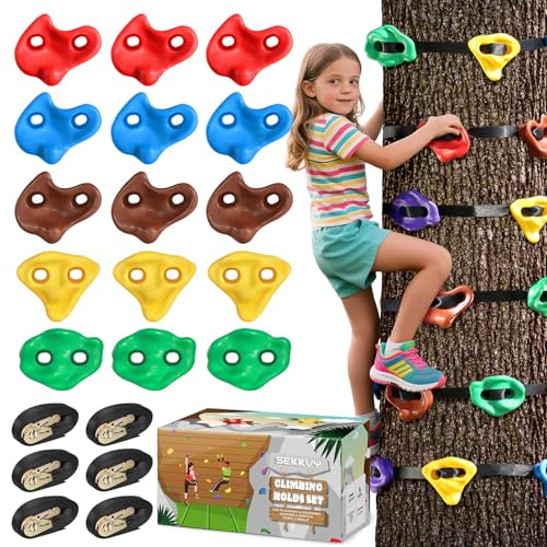 SEKKVY 15PCS Ninja Tree Climbing Holds and 6 Sturdy Ratchet Straps for Kids Tree Climbing, Large Climbing Grips for Outdoor Ninja Warrior Obstacle Course Training