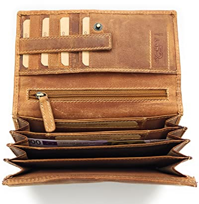 Jockey Club Echt Leder Damen Geldbörse mit RFID Schutz lang naturbelassenes Hunterleder Toro Rustique Cognac