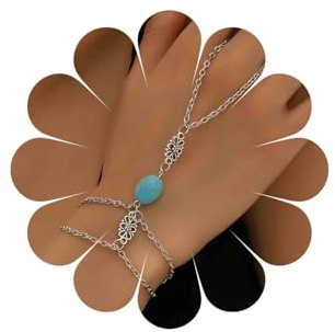 Inateannal Boho Capas Dedo Pulsera De Plata Turquesa Dedo Anillo Pulsera Turquesa Esclavo Cadena Pulsera Anillo De Playa Pulsera De La Muñeca Joyería De La Cadena La Mano Para Las Mujeres Y Las Niñas