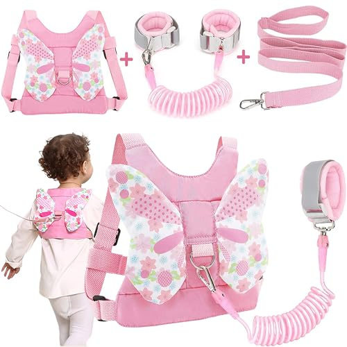 XFLYP Bambino a Piedi Guinzaglio di Sicurezza, 3 in 1 Imbracatura di Sicurezza e 1.5m Anti perso Collegamento del Polso con serratura, Guinzaglio elastico di sicurezza con Ali di Farfalla(Rosa)