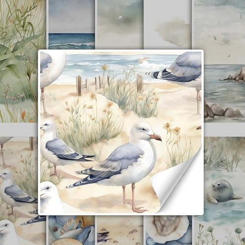 GRAZDesign Fliesenaufkleber Bad & Küche, maritim Strand mit Möwen Watercolor, Klebefliesen selbstklebend - 15x15cm / 50 Stück