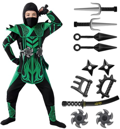 Spooktacular Creations Costume de ninja d'Halloween vert et noir pour garçons et filles, fête d'Halloween, jeu de rôle ninja, fêtes à thème (grand (10-12 ans))