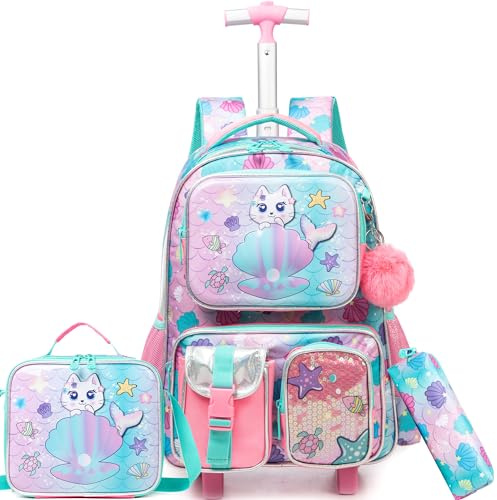 HTgroce Sirène Cartable à roulettes Sac à Dos Filles, Cartable Primaire avec Sac Repas et Trousse à Crayons