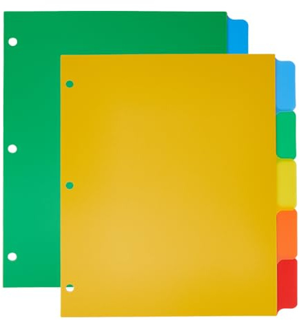 SUPERFINDINGS 10 hojas A4 3 anillas divisores 5 separadores de plástico grueso 3 anillos de papel de registro multicolor 3 agujeros anillo páginas de índice para cuadernos 28 x 24 cm