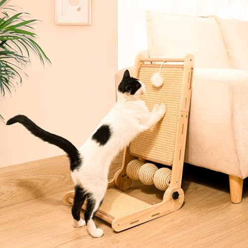 Spzanlovely Cat Scratcher, 180°Angles Cat Scratcher, 23.6'' Cat Scratch Pad W/Toy Balls, Cat Scratch Pad for Indoor Cats Kitties, Cats Scratching Board W/Adjustable Shape,2-Sided Sisal Design