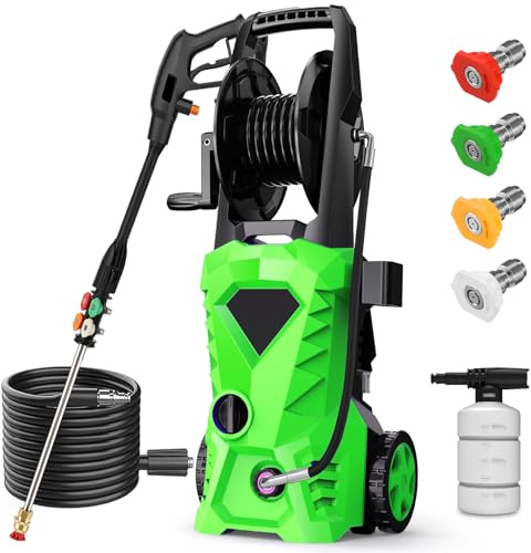 commowner 5000PSI Electric Pressure Washer - 2025 New Power Washer with Upgraded 33ft Pressure Washer Hose Reel, Foam Cannon, 4 Nozzle Set, Power Washer for House/Patios/Car/Fence, Deep Green