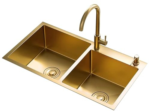 HYJAUSXB Doppelwaschbecken aus goldenem Edelstahl, Küche Abflusskorb, Wasserhahn Haushalt, Gemüsewaschen, Händewaschen auf dem Badezimmerbalkon (78 x 43 x 21 cm