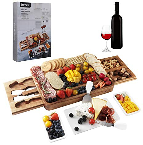 hecef Käsebrett-Set aus Akazienholz, quadratische Käseplatte mit 2 ausziehbaren Schubladen & Besteckset & Snackplatten & Marmorkäse-Schiefer