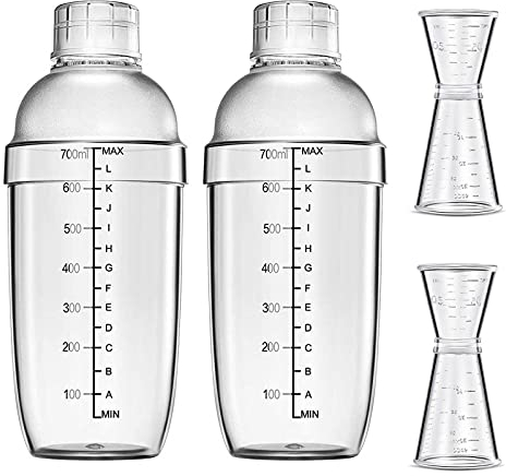 4 pcs Clear Cocktail Shaker Set 2 pcs Plastic bar Shaker with 2 pcs Plastic Cocktail Double Measuring Jigger