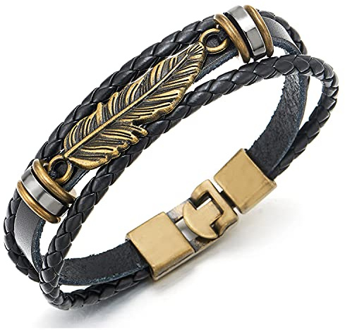 COOLSTEELANDBEYOND Drei Reihen Vintage Bronze Feder Blatt Schwarz Geflochtene Lederarmband für Herren Damen