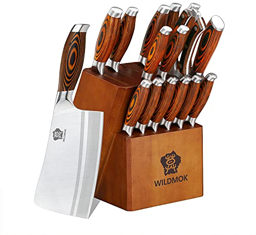 WILDMOK Messer Set Messerblock Set, mit Holzgriff Block, Deutscher Edelstahl Kchenmesser Knochenhacker Steakmesser, und Kchenschere, 17-teilig Profi Messerset