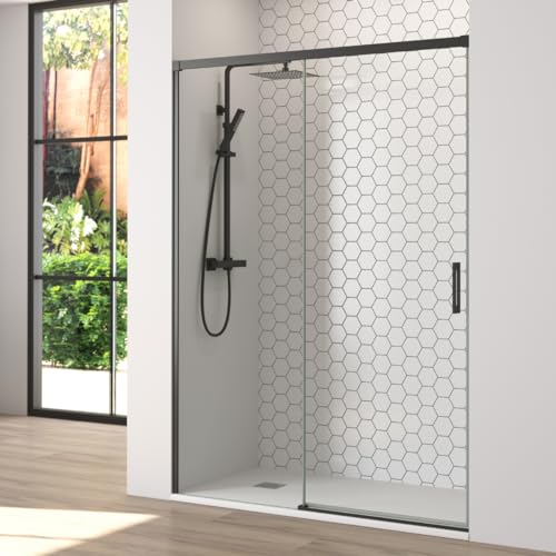 Mampara de Ducha Frontal Corredera 1 puerta Corredera + 1 fijo | Transparente | Cristal templado 6mm Antical | 195cm de Altura | Perfilería color Negro Mate | 120 cm (Adaptable 114-119cm)