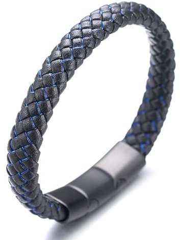 Halukakah Kinder Schmuck ● Jazz Junior ● Jungen Echtes Leder Armband in Schwarz mit Gemischten Blau/Rot/Grünem Geflecht, Handgemacht, für 6-12 Jahre, Mit mattiertem Titan-Magnetverschluss, Größe verstellbar 18-19.5cm, Inklusive Geschenkbox