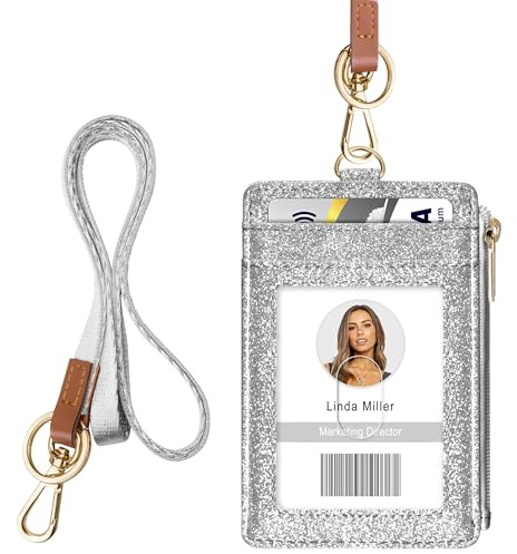 ID Badge Holder with Lanyard, Vertical Bling Shiny ID Badge Card Holder with 1 Clear ID Window, 4 Credit Card Slots, 1 Cash Coin Slot and a Detachable Neck Lanyard (Bling Silver)