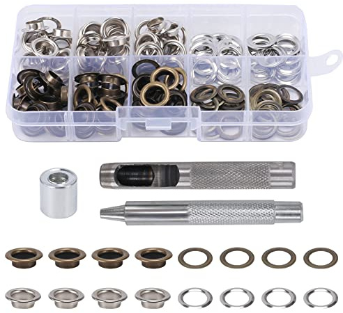 HO2NLE 100 Sets Grommet Werkzeug Kit 8 mm (1/3 Zoll) Ösen Set Ösenzange mit Ösen Metallösen mit 2 Farben Tüllen Einstellwerkzeug Planenösen für Planen Leder Gürtel Stoff Poolabdeckung