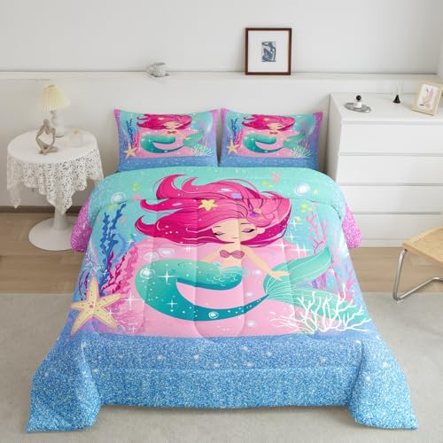Set di piumone con sirena glitterata per bambini ragazzi ragazze oceano Trapuntaset per trapunte set per creatura e piumino per letto 135x200cm