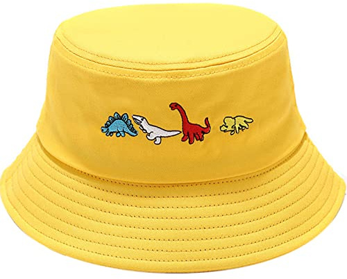 XYIYI Kleiner Dinosaurier Gelb Mode Embroidered Fischerhüte Baumwolle Strand Sonnenhut Fischerkappe für Damen Jugendliche