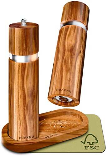 Molinillos para Sal y Pimienta de Madera de Acacia Con Bandeja - Molinillo de Cerámica - Madera FSC® Sostenible