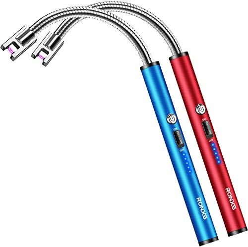 RONXS Electric Candle Lighter, USB Rechargeable Arc Lighter Long Neck, 2PCS | Flameless Plasma Windproof, Battery Display, Safety Lock, 360-Degree Flexible for Candles Fireplace BBQ Camping, Red&Blue