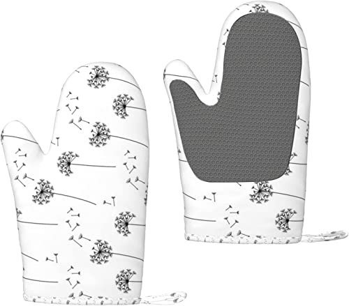 Ofenhandschuhe Schwarz Weiß Blowing Löwenzahn Horizontale Silikon-Ofenhandschuhe Anti-Rutsch-Kochhandschuhe, hitzebeständige Backhandschuhe EIN Paar