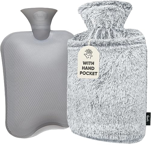 Qomfor Hot Water Bottle with Cover UK - 1.8L Large Fluffy Hot Water Bottle with Kangaroo Pocket for Period Pain Relief, Back Pain. Provides Warmth for The Body - Premium Soft, Cozy Cover (Light Grey)