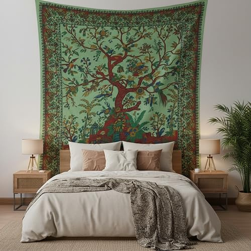 Craft Trade Grün Baum Wandteppich Indische Wandtuch Tapestry Wandbehang Boho Wandteppiche für Heimdeko Wohnzimmer und Schlafzimmer - 213 x 228 cm