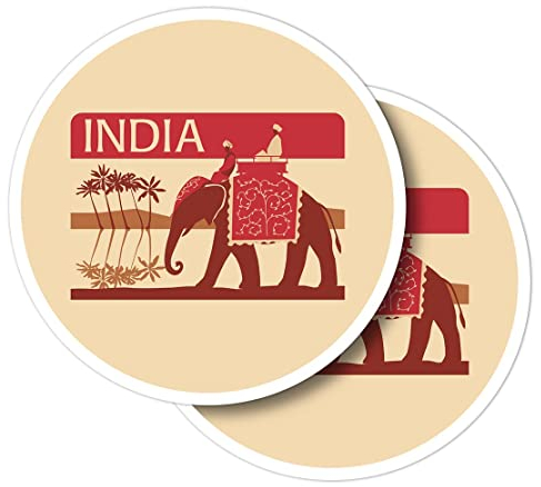 Pegatinas redondas de vinilo (juego de 2) 10 cm – elefante indios palma retro para portátiles, tabletas, equipaje, libros de recortes, neveras #59801