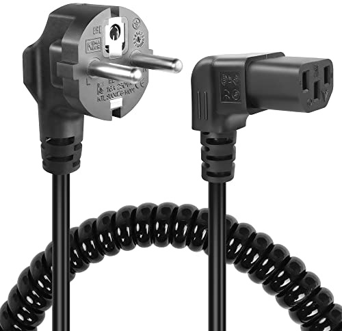 GELRHONR 3 Pin Kaltgerätekabel Netzkabel, 90° Gewinkelt CEE 7/7 Auf C13 Spiralkabel, Stromkabel Mit Abgewinkeltem Kaltgerätestecker für Monitore, PC, Drucker, Scanner, TV (Up Angle)