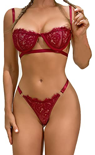 Women Lace Lingerie Set 2 Piece Half Cup Bra and Strappy Thong with Eyelash Crochet Lace Sexy Open Cups Bralette Push Up Mesh Bra and Panty Bikini for Gifts Sleepwear Party Outfits (Burgundy, S)