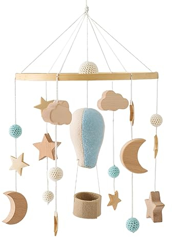 Mobile Baby Windspiele, Babybett Mobile Baby Hölz mit Filzbällen, Heißluftballon Wolke und Stern Mobile Baby Anhänger für Babybett Jungen und Mädchen (Blau)