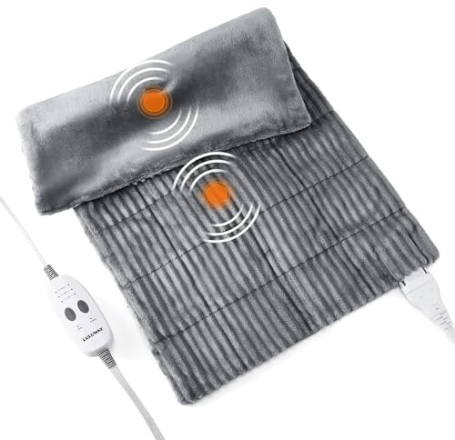 Weighted Heating Pad with Massager Electric Heating Pad for Back with Massaging Vibration, 3 Heating Levels & 3 Massage Types, XXXL Large Size Heating Pad, 33” x 17”, Grey
