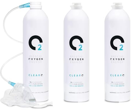 ClearO2 Bomboletta di ossigeno da 15 l con maschera e tubo, ossigeno respiro puro in un contenitore di alluminio leggero, prodotto nel Regno Unito (misto, 15 l (confezione da 1 kit completo + 2