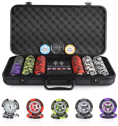 ORIENGEAR Poker Chip Set with Denominations, 300 PCS 14 Gram Clay Composite Casino Chips with ABS Case & 2 Decks of Plastic Cards, for Texas Holdem Blackjack Gambling Games