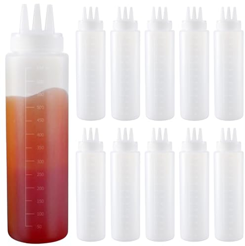 JEUIHAU 10 PCS 3 Hole Squeeze Sauce Bottle, 21.6oz/650ml Plastic Squeeze Condiment Bottles Sauce Bottle Dispenser with Measurement for Ketchup, Dressing, BBQ, Sauce, Mustard, Salad