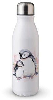 MAXIKIWI - Single Wall Water Drinking Bottle with Screw Cap, Non Insulated Lightweight Aluminium, BPA Free, Leak-Proof - Watercolor Mom Baby Penguin - 500ml