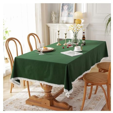 Epinki 140x180CM Tischdecke, Tischtücher Einfarbig mit Spitze Baumwolle, Tischwäsche Modern Dauerhaft Kratzfest, für Küche, Esstisch, Couchtisch, Parteien, Abendessen, Grün