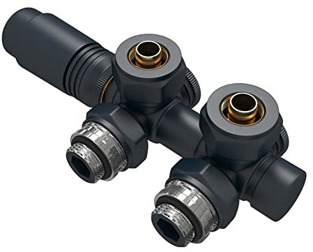 EMKE Kit Multiblock per Radiatori, Valvola ad Angolo e in Linea Retta, Connessione Centrale, Valvola del Radiatore con Termostato, Antracite