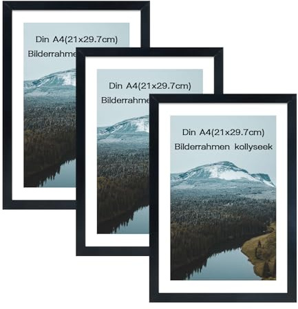 Kollyseek 3er Set DIN A4 Bilderrahmen mit Acrylglas Schwarz Fotorahmen (21x29,7cm) zum Aufhängen und Aufstellen, Deko Rahmen