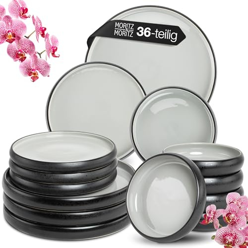 Moritz & Moritz Steingut Geschirrset 12 Personen Grau 36-teilig - Mikrowellen- & Spülmaschinenfest - Steingut Geschirr Set - Essgeschirr, Tafelservice, Kombiservice 12 Personen - Serie Solid Uni