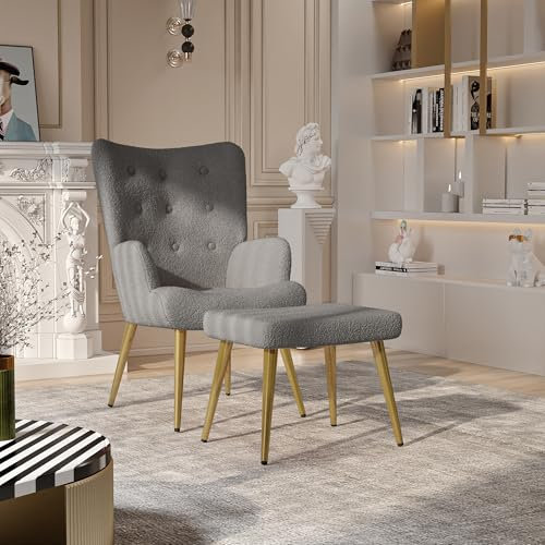 JOROBURO Öronfåtölj med pall, polyesteröverdrag, TV-fåtölj, armstödsfåtölj, modern relaxfåtölj med armstöd, hög rygg, klädselfåtölj, grå