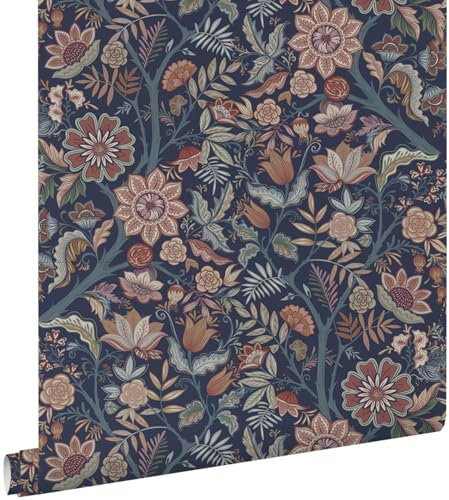 papier peint fleurs vintage bleu foncé et marron terracotta 53 cm x 10.05 m - ESTAhome