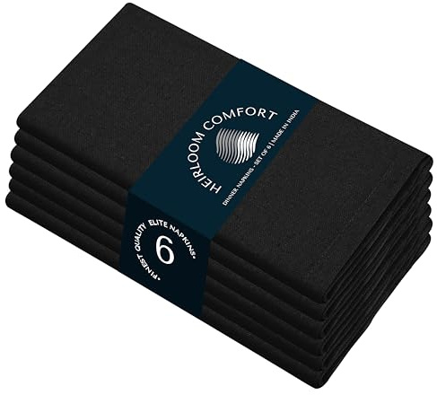 HEIRLOOM COMFORT 6er-Pack Schwarze Stoffservietten, 100% Baumwolle, 43x43 cm, Weich, Waschbar, Wiederverwendbar, Perfekt für Hotels, Restaurants, Mittagessen, Hochzeiten, Veranstaltungen, Partys