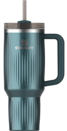 Stanley Quencher - Vaso H2.0 con asa y pajilla, 40 onzas, tapa Flowstate de 3 posiciones, soporte para vasos compatible para viajes, vaso de acero inoxidable aislado, sin BPA, brillo marino estriado