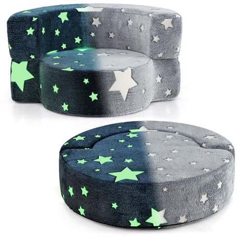GYMAX Divano per Bambini in Pile, Poltrona Convertible 2 in 1, Brilla al Buio, Copertura in Flanella Lavabile in Lavatrice, Spugna Morbida, Tappeto da Gioco Rotondo per Bambini (Grigio)