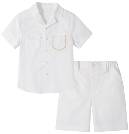 LOLANTA Pojkar linne shorts set, barn kortärmad button-down skjorta och shorts set sommaroutfit, Vitt, 5-6 Years