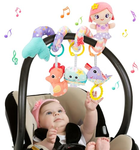 Funsland Barnleksak, spiral, babyaktivitet, spiralleksak med musik, hängande plyschleksak för barnsäng/bilstol/babystol, nyfödd present för baby 0 3 6 12 månader, rosa