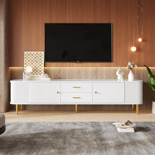 Kebnor TV-Schrank mit Schubladen, geschwungenen Ecken, Wohnzimmer-TV-Schrank mit gewellten Seiten, goldenen Griffen und Beinen