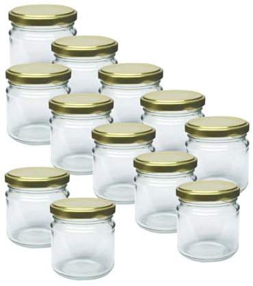 DIAH DO IT AT HOME 12 Pack 212ml Glass Jam Jars with Gold Lids - Elegant Small Storage for DIY Honey, Preserves & Chutney - Airtight Reusable Canning Set for Wedding Favours & Gifts (Set of 12)