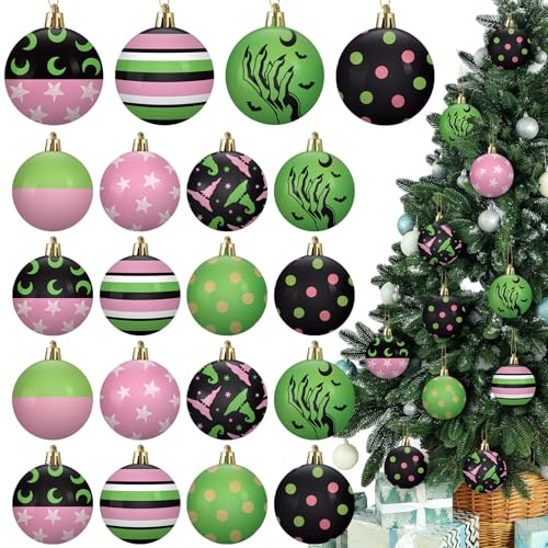 Janinka 24 Pcs Christmas Tree Ball Ornaments 2.4 Inch Witch Pink and Green Plastic Hanging Ornaments Pendants Baubles for Xmas Tree Decor Halloween Holiday Birthday Party Supplies Home Decoration