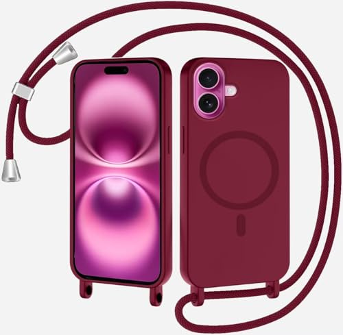 SLWYF Magnetische Handykette für iPhone 17 Hülle mit Band, Handyhülle Kompatibel mit MagSafe, Silikon Seil Necklace Handyhülle PU Stoßfest mit Abnehmbar Kordel zum Umhängen Case - Rot